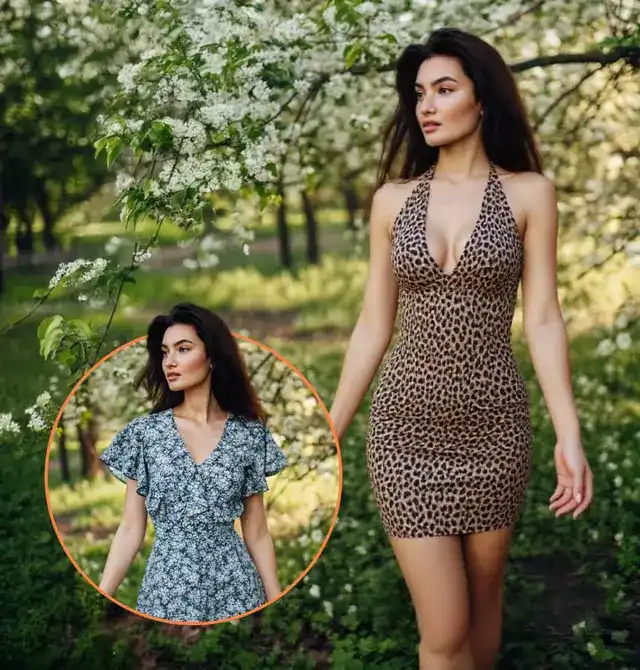 AI clothes changer example: floral dress replaced with a leopard print dress on the same woman