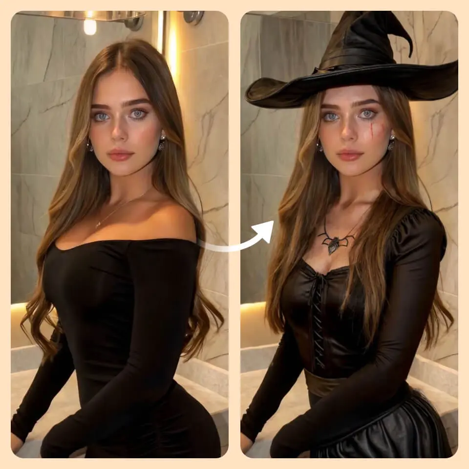 AI virtual try-on example: outfit changed on a person while the face and background stay the same